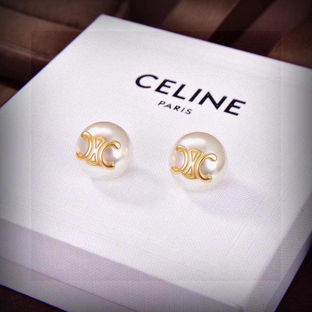 Celine Triomphe Pearl Stud Earrings, Gold-Tone Finish Brass & Pearl, White 4 cmp i1747715248966 2523 0 2