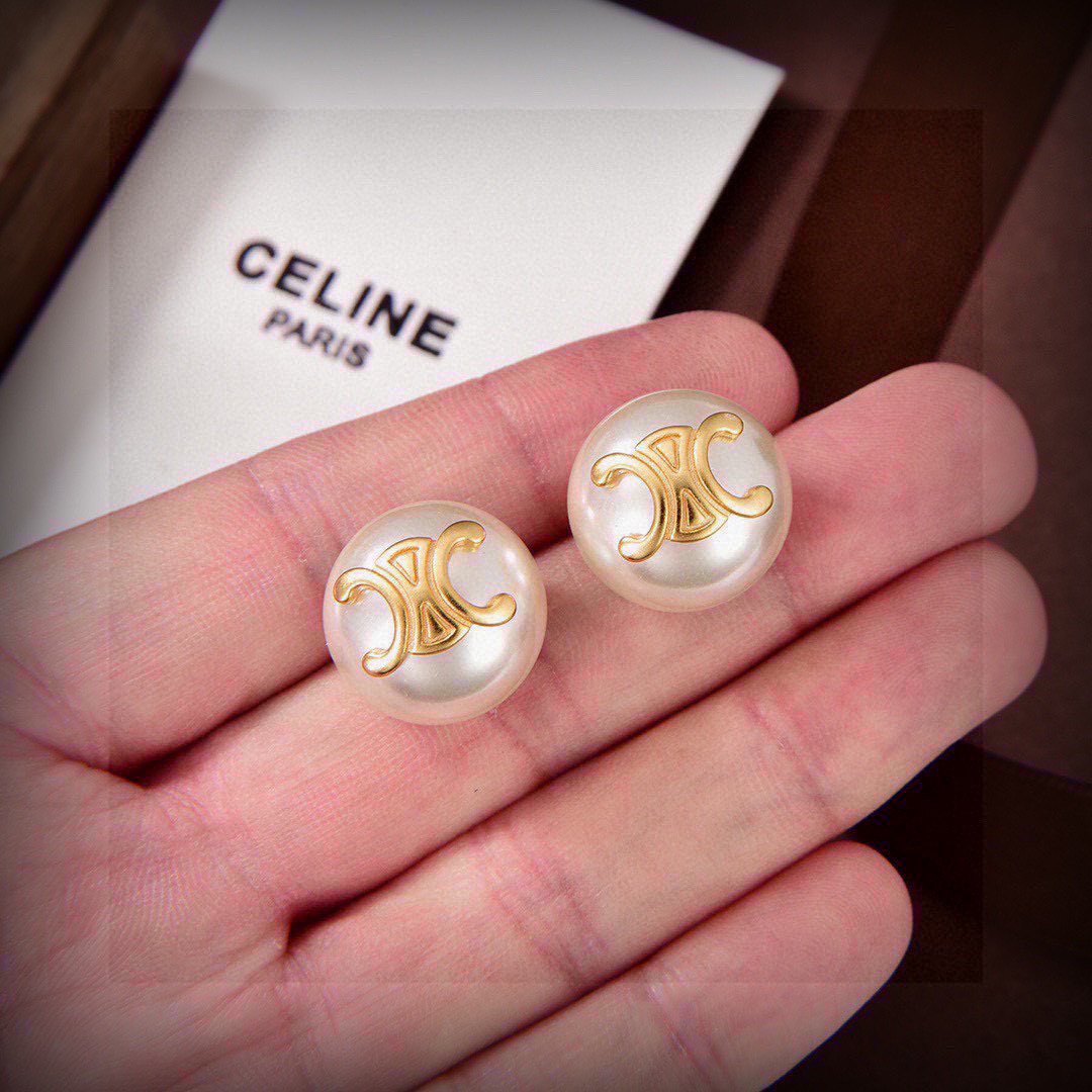 Celine Triomphe Pearl Stud Earrings, Gold-Tone Finish Brass & Pearl, White 6 cmp i1747715248966 4729 0 4