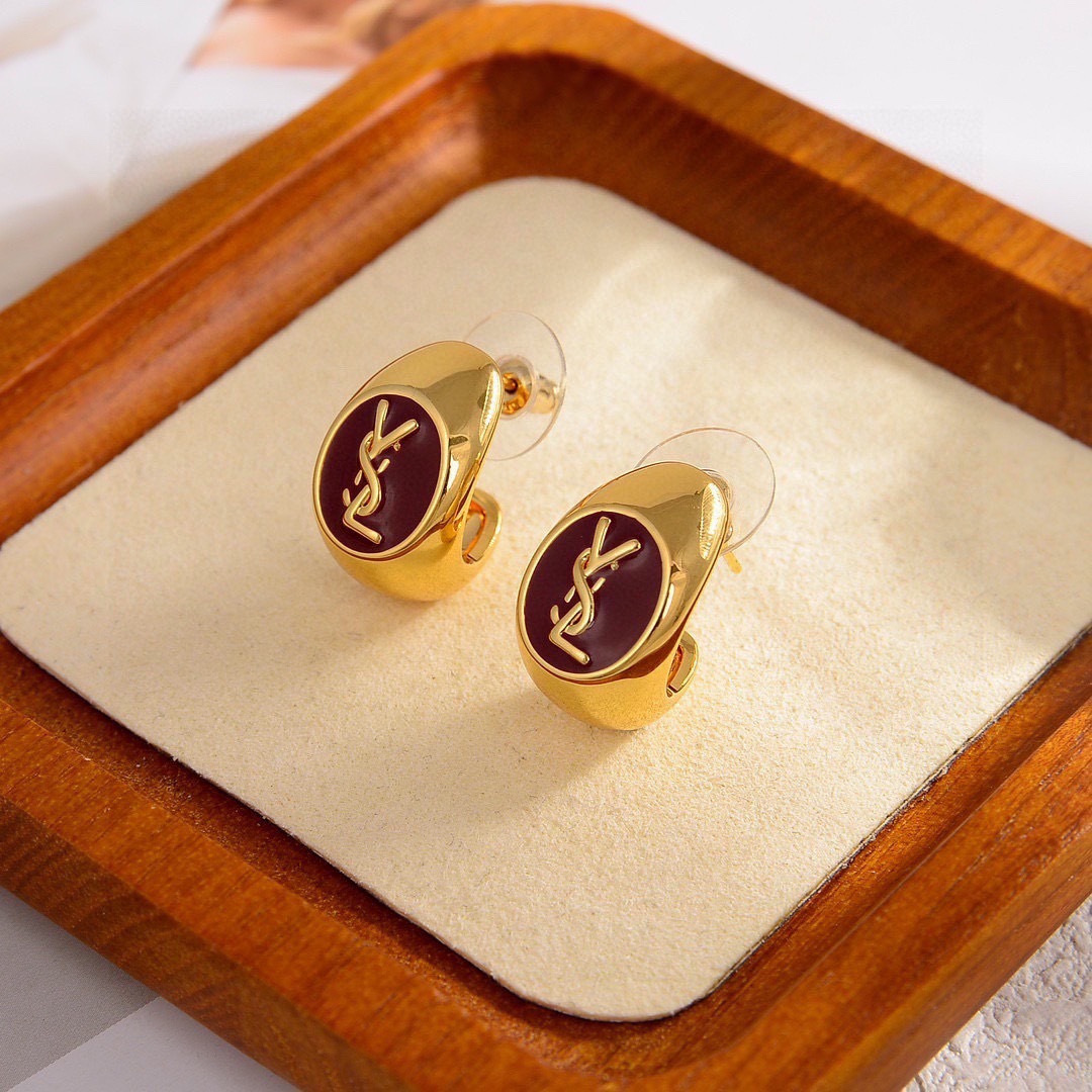 Saint Laurent Cassandre YSL Monogram Enamel Hoop Earrings earrings gold-tone metal with burgundy enamel 1 5cm diameter