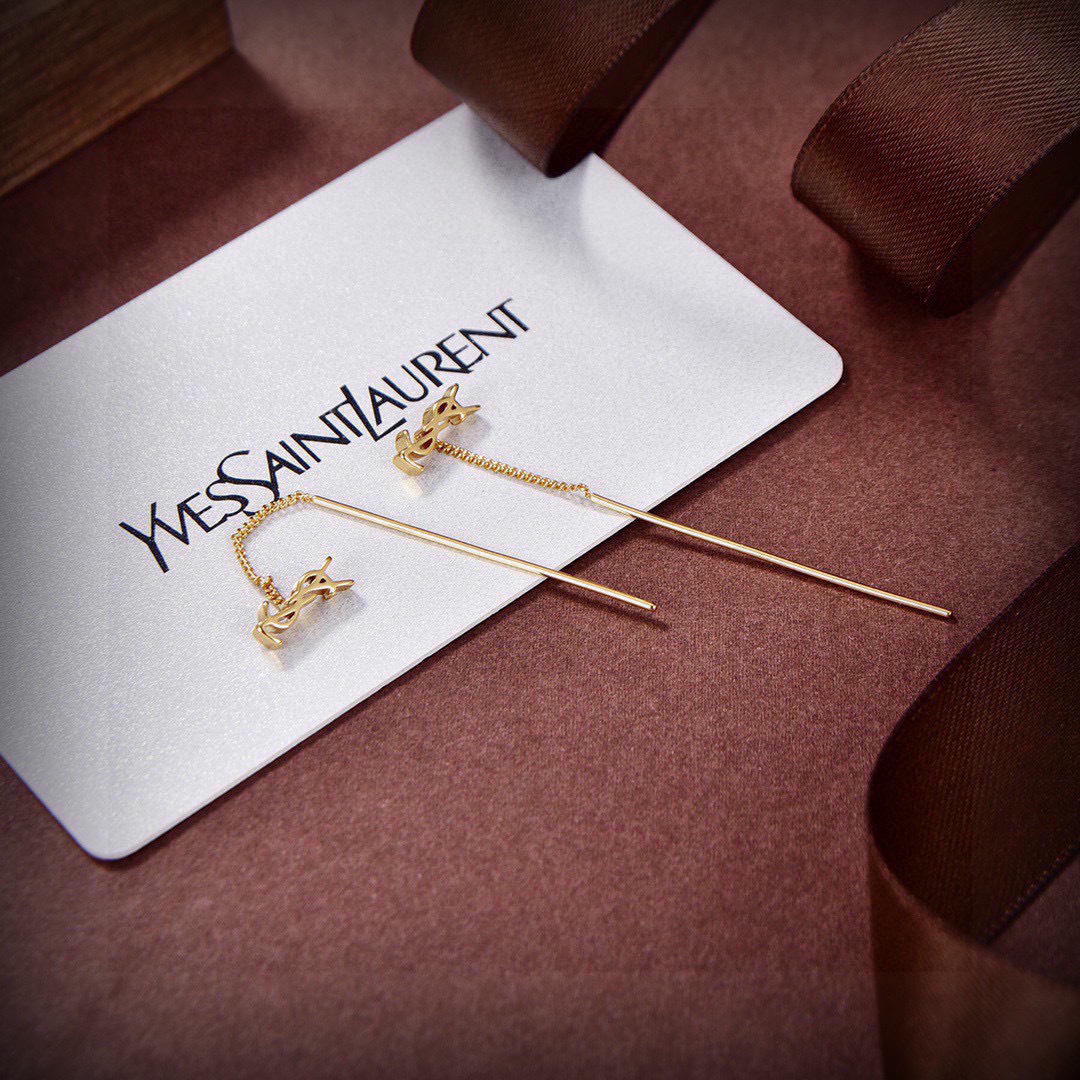 Saint Laurent Cassandre YSL Monogram Long Threader Earrings earrings gold-tone metal no accent stones 6 5cm drop length