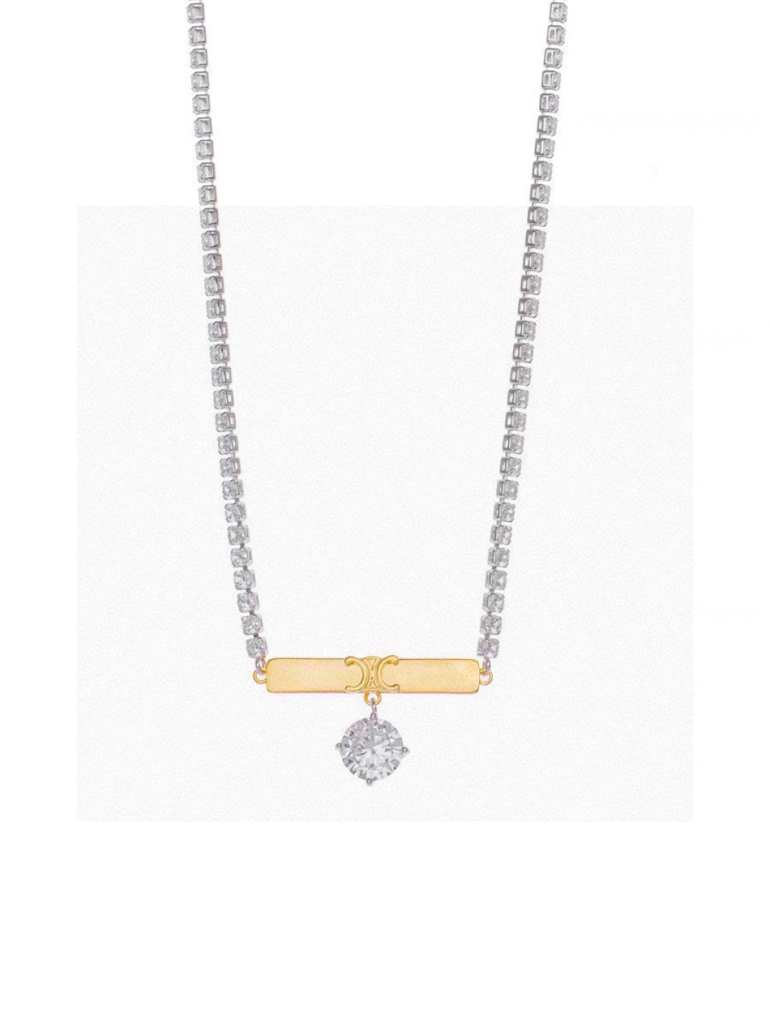 Celine Triomphe Crystal Bar Pendant necklace silver-toned metal with gold-tone Triomphe bar clear crystal accents 40cm with 5cm extender