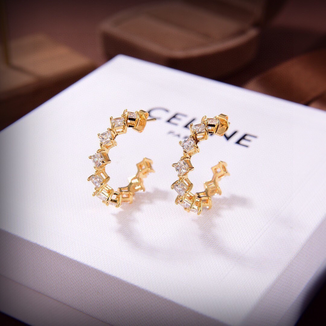 Celine Crystal Hoop Earrings earrings gold-tone metal with clear faceted crystals 2 5cm diameter