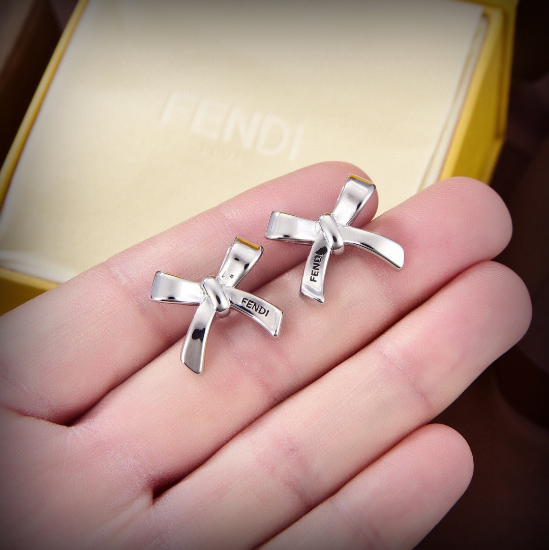 Fendi Bow Logo Stud Earrings earrings Polished silver-tone metal with black engraved logo 1 5cm stud diameter