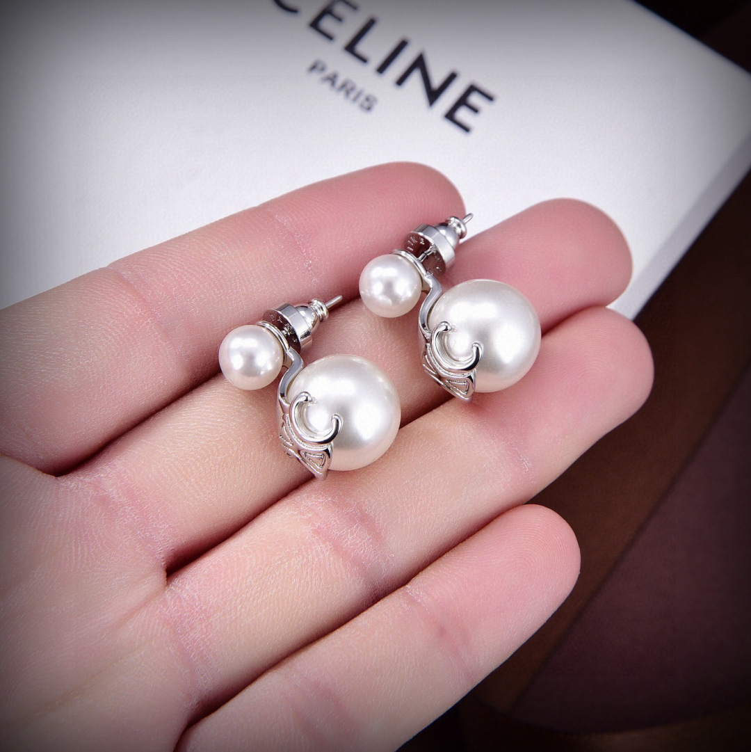 Celine Triomphe Pearl Double Stud Earrings earrings Silver-toned metal with white freshwater pearls One Size post stud approx 1 5cm total drop