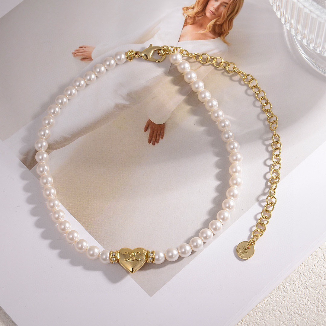 Celine PRECLOUS Heart Pearl necklace gold-tone metal white pearl clear crystal accents 18 inch with 2 inch extender