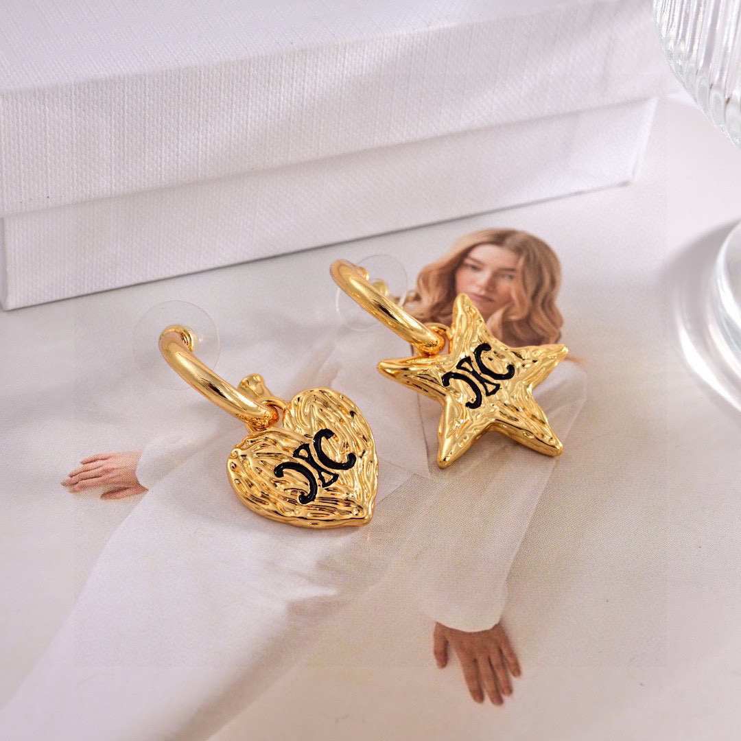 Celine Triomphe Asymmetric Heart Star Drop Earrings earrings Gold-tone metal with black enamel Triomphe logos 1 5cm hoop diameter 2cm total drop length