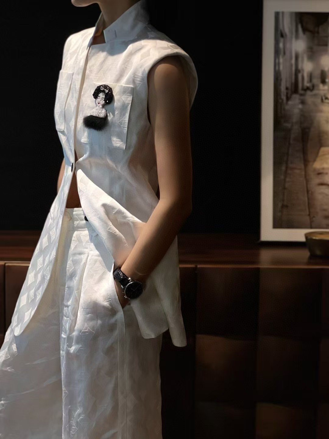 Luxury Women’s Suit: LV-Inspired Custom Fabric with High-Temperature Silk Lace – New Chinese National Wind Design - 图片 2