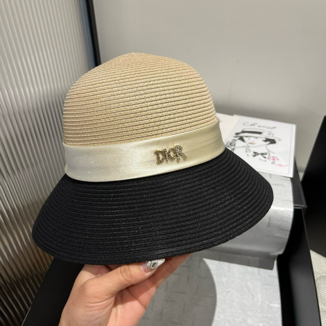 P

Dior迪奥新款礼帽，高级PP草，拼色盆帽，名媛风，头围57cm