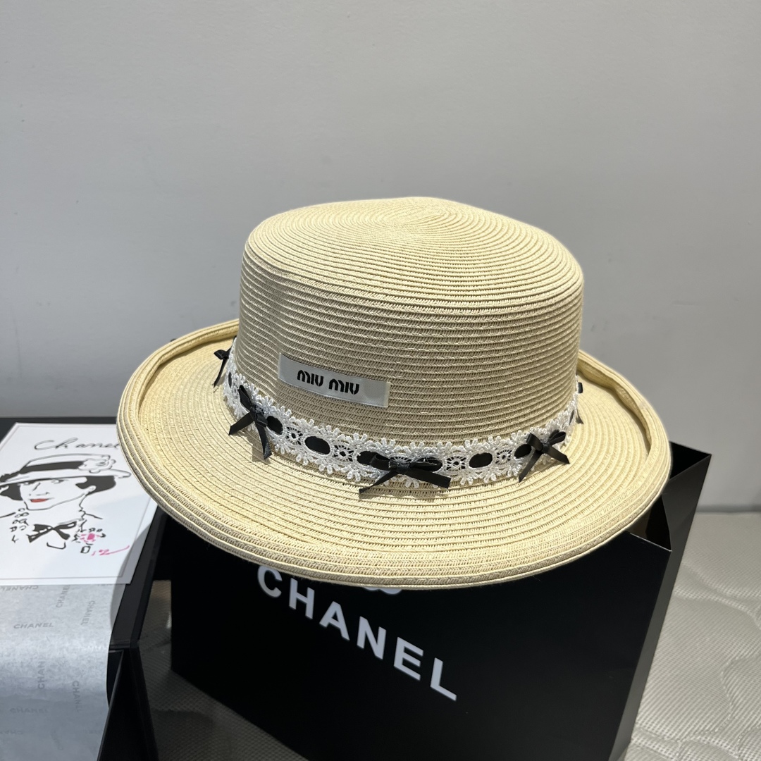 P

miumiu缪缪新款平顶草帽，卷边小礼帽，头围57cm