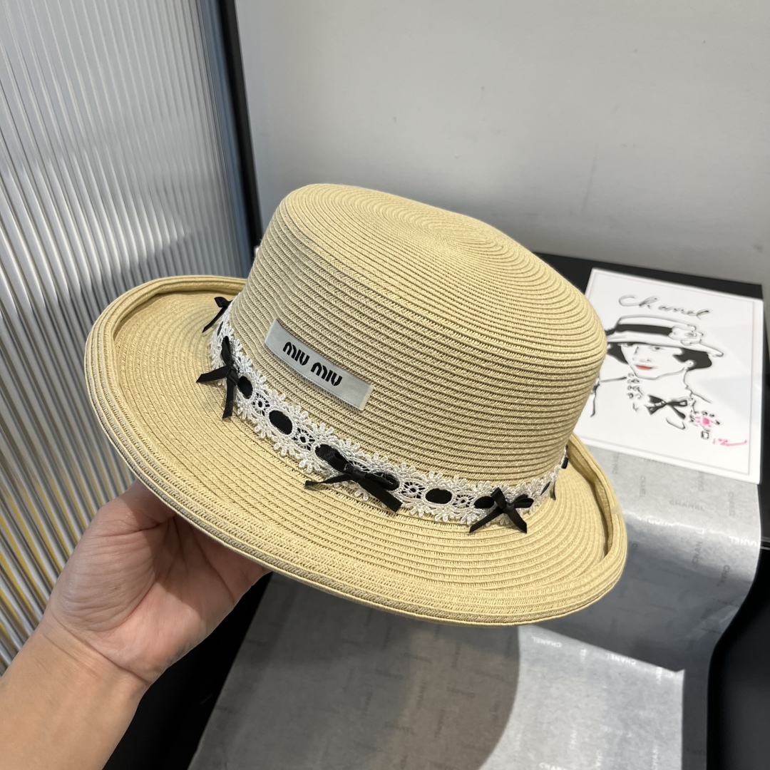 P

miumiu缪缪新款平顶草帽，卷边小礼帽，头围57cm