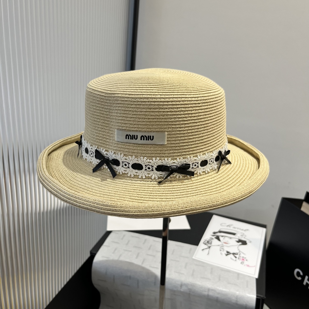 P

miumiu缪缪新款平顶草帽，卷边小礼帽，头围57cm