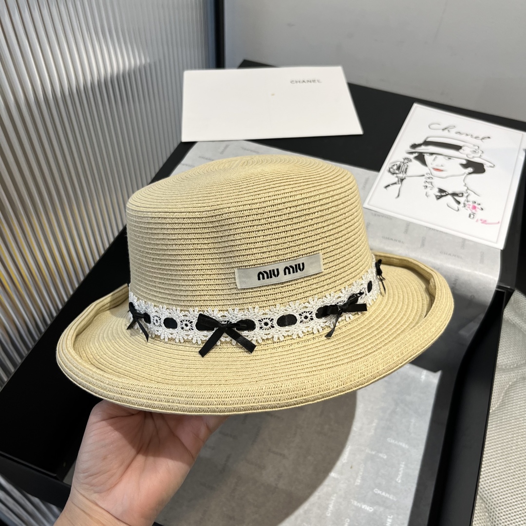 P

miumiu缪缪新款平顶草帽，卷边小礼帽，头围57cm