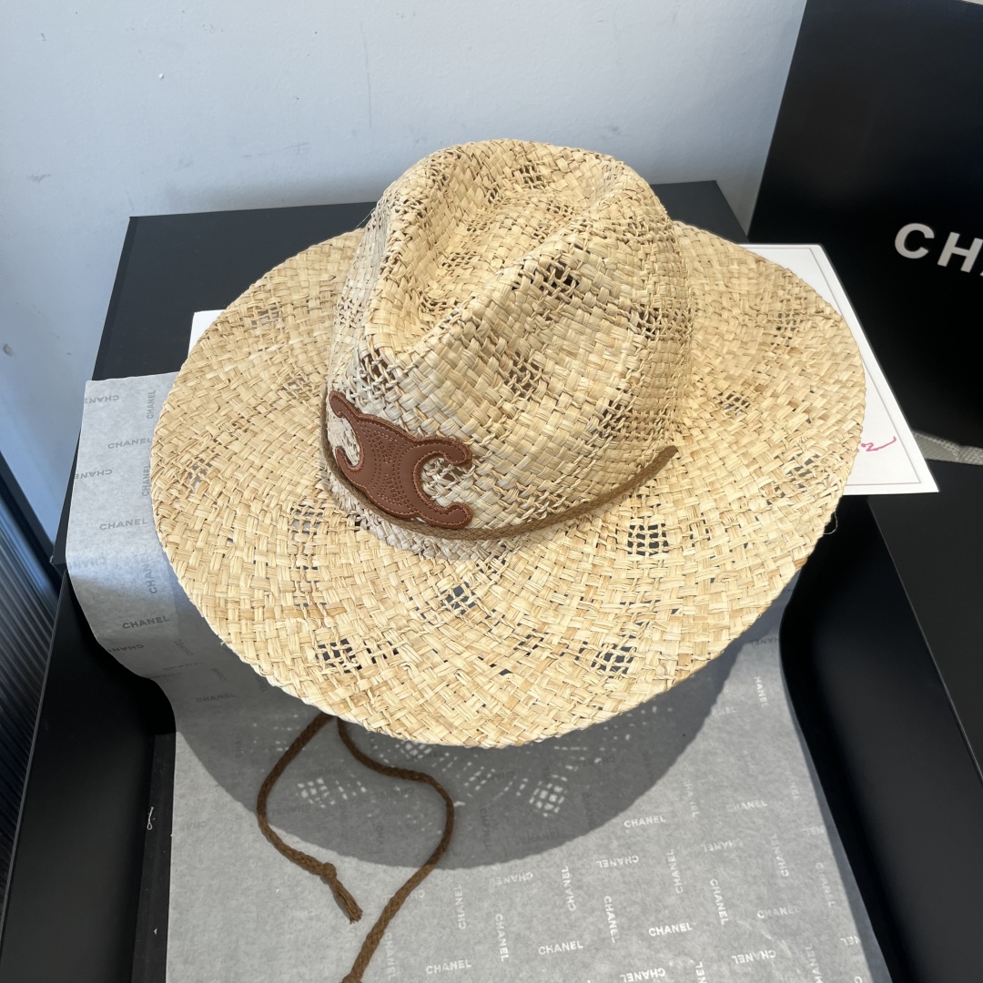 P

Celine赛琳拉菲草帽，牛仔礼帽，佩戴防风绳 轻盈百搭，头围57cm