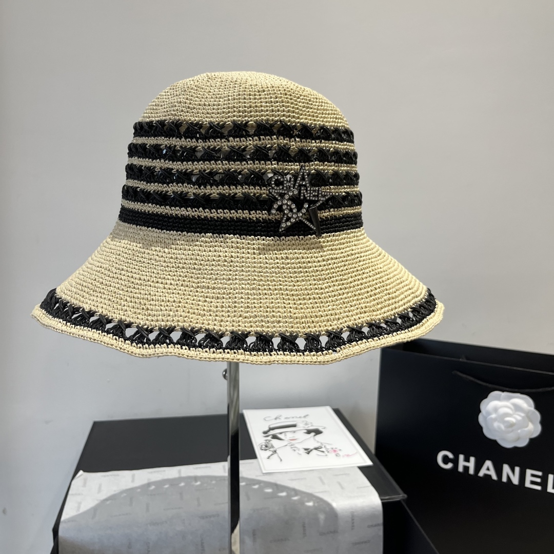 P

Chanel香奈儿盆帽，纯手工钩织拉菲草帽，头围57cm可折叠