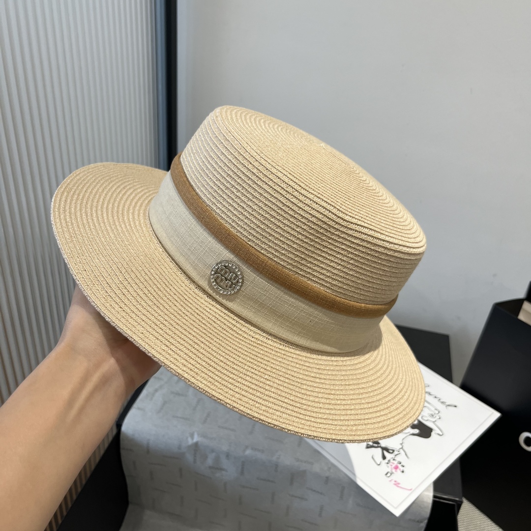 [Miu Miu Hats]Miumiu Miu Miu new flat-top hat PP straw fabric Head circumferen