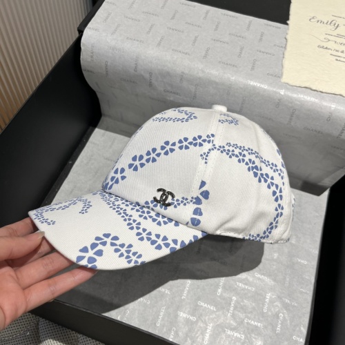 Chanel Women's White Cotton Baseball Cap with Blue Floral Design, Size 57cm 1 Chanel Women's White Cotton Baseball Cap with Blue Floral Design, Size 57cm