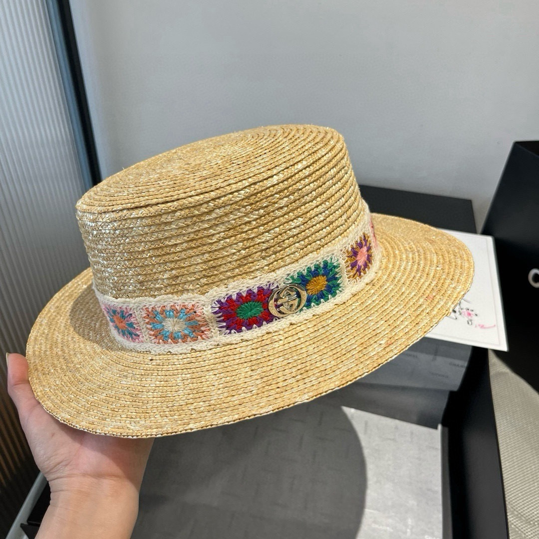 P古奇新款麦秆草平顶礼帽，头围57cm