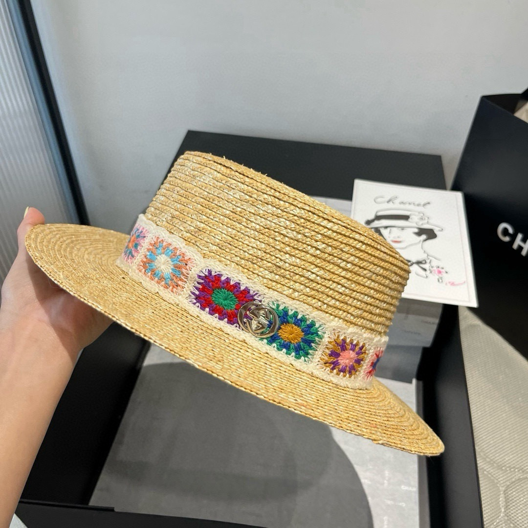 P古奇新款麦秆草平顶礼帽，头围57cm