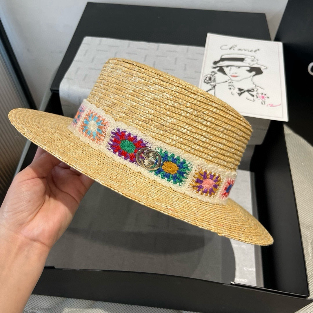 P古奇新款麦秆草平顶礼帽，头围57cm