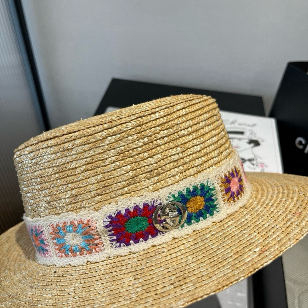 P古奇新款麦秆草平顶礼帽，头围57cm