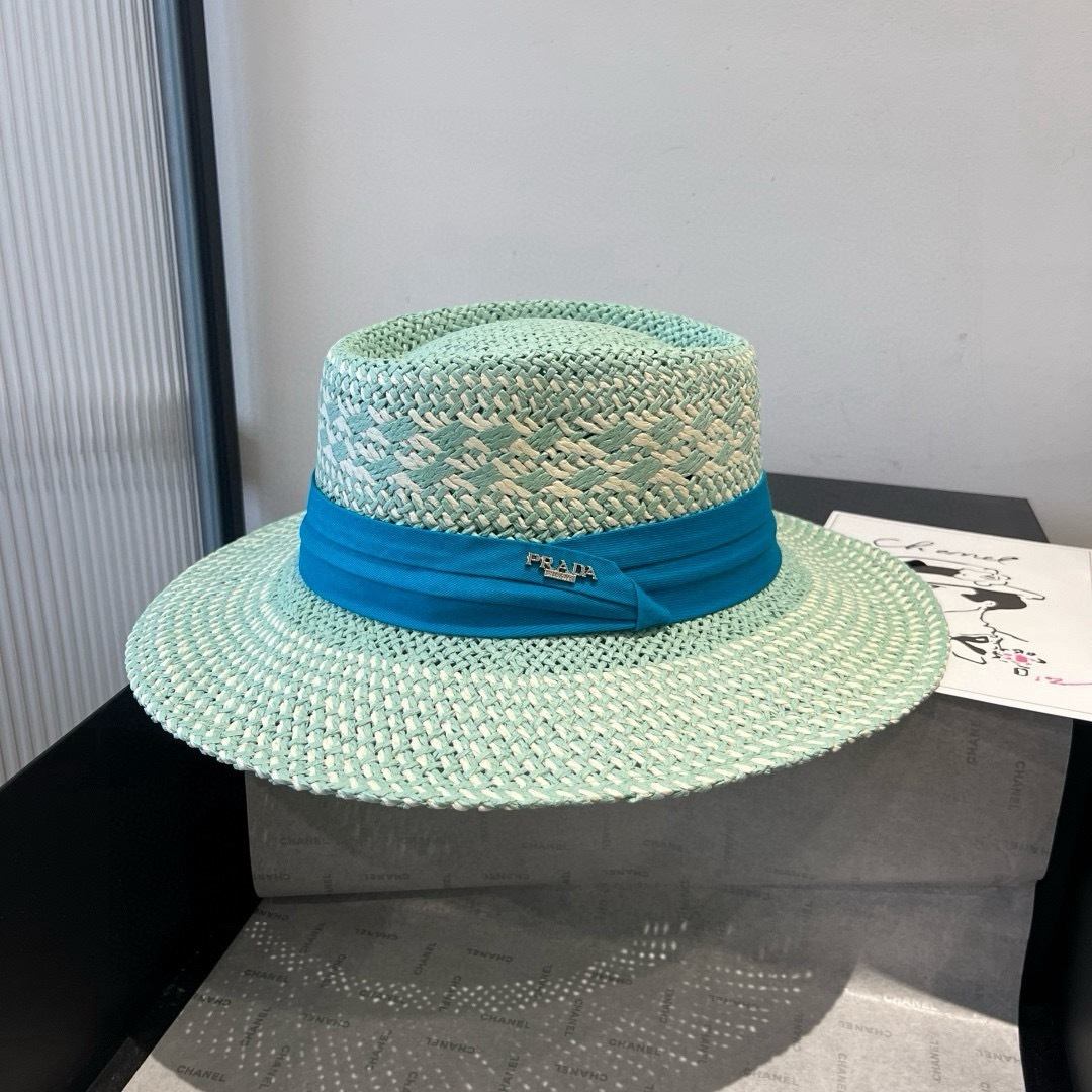 P普拉达菲草遮阳帽，遮阳礼帽，沙滩帽，头围57cm