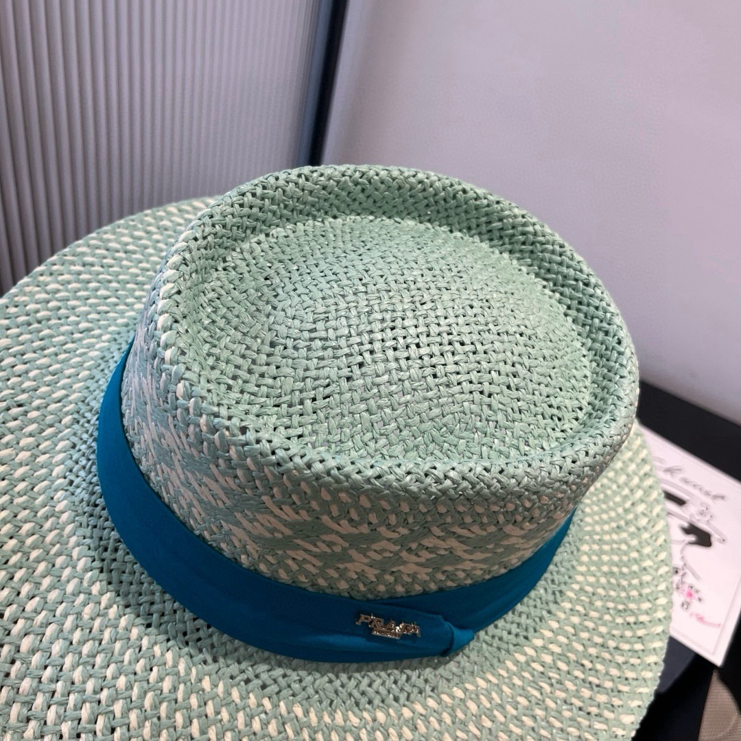 P普拉达菲草遮阳帽，遮阳礼帽，沙滩帽，头围57cm