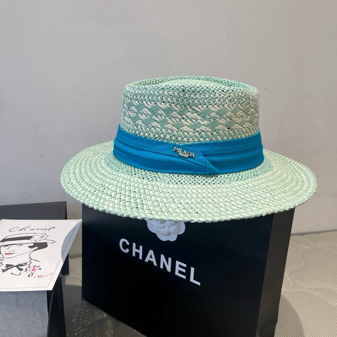 P普拉达菲草遮阳帽，遮阳礼帽，沙滩帽，头围57cm
