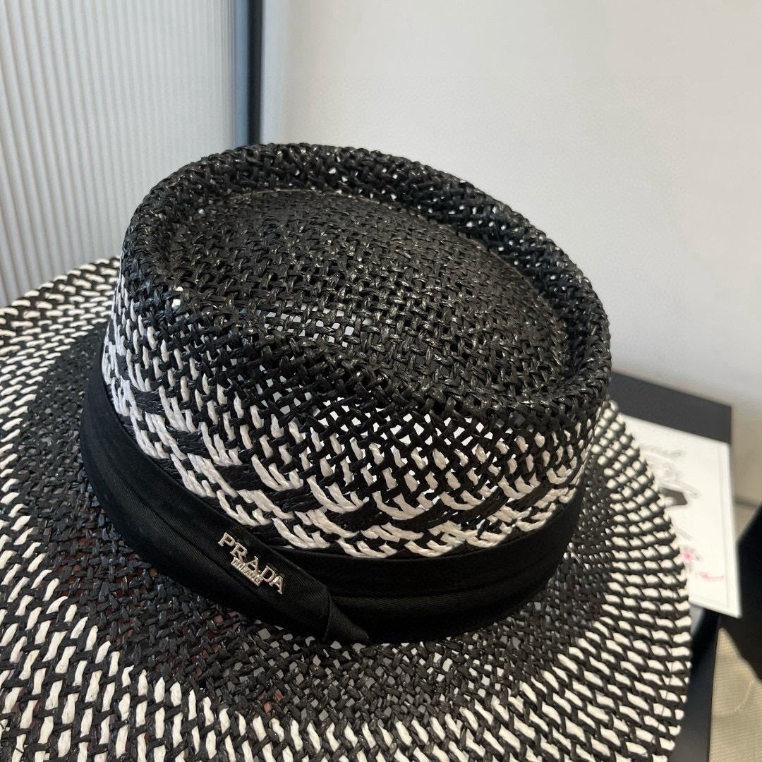 P普拉达菲草遮阳帽，遮阳礼帽，沙滩帽，头围57cm