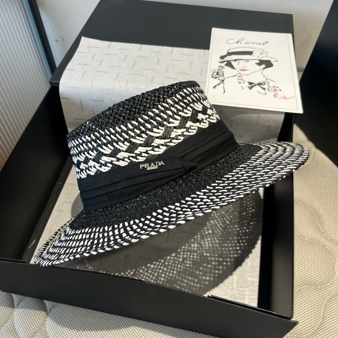 P普拉达菲草遮阳帽，遮阳礼帽，沙滩帽，头围57cm