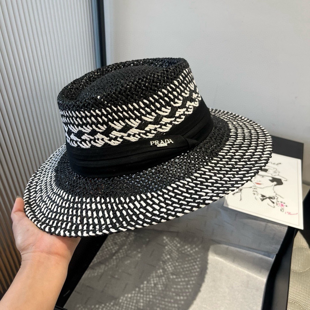 P普拉达菲草遮阳帽，遮阳礼帽，沙滩帽，头围57cm