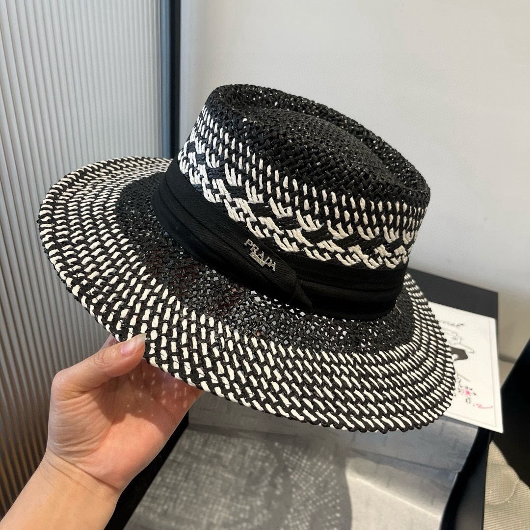 P普拉达菲草遮阳帽，遮阳礼帽，沙滩帽，头围57cm