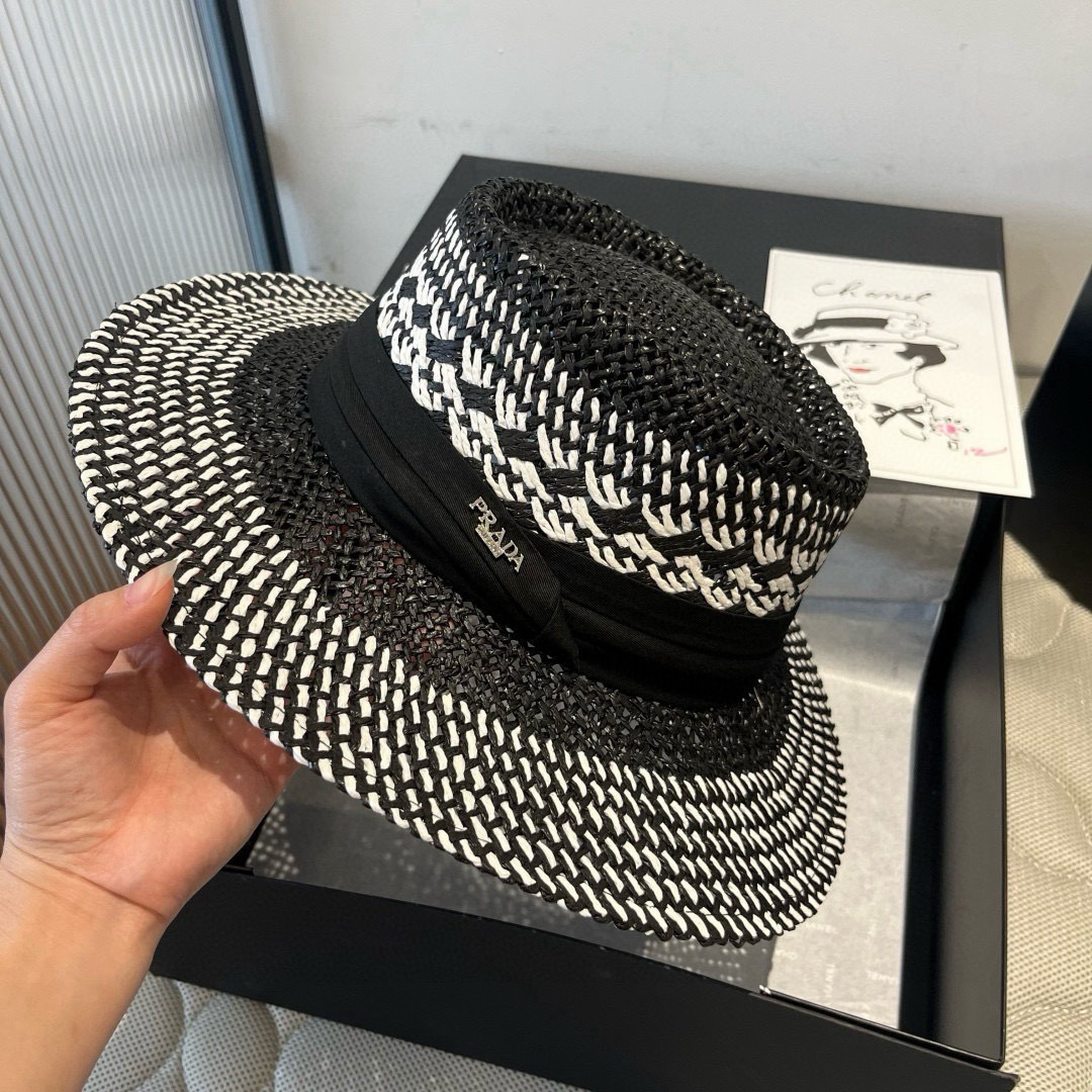 P普拉达菲草遮阳帽，遮阳礼帽，沙滩帽，头围57cm