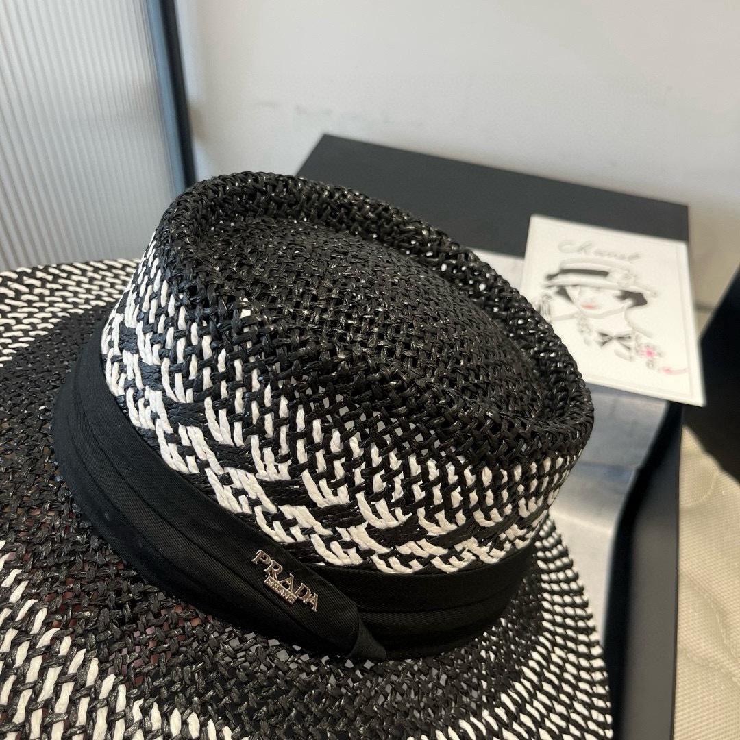 P普拉达菲草遮阳帽，遮阳礼帽，沙滩帽，头围57cm