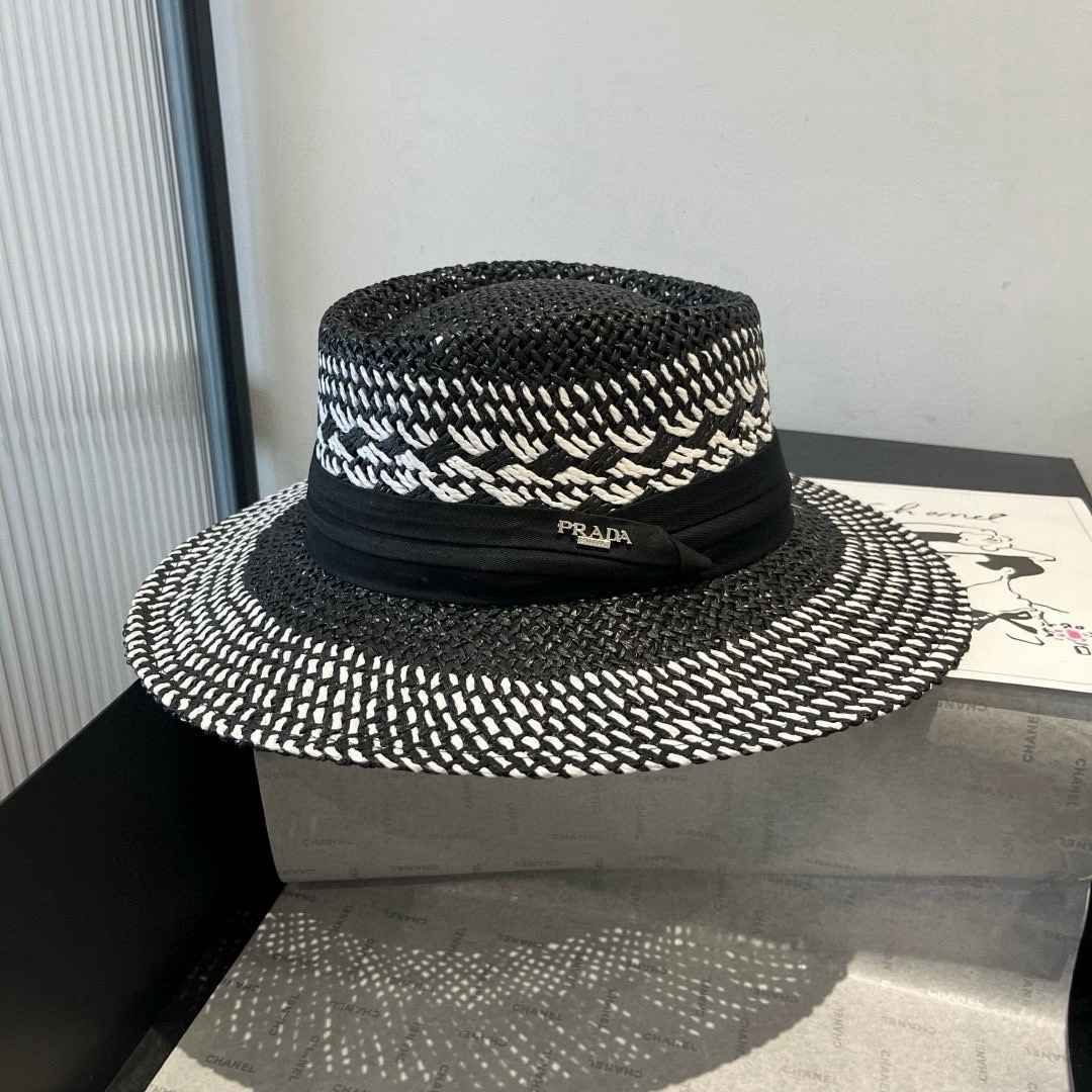 P普拉达菲草遮阳帽，遮阳礼帽，沙滩帽，头围57cm