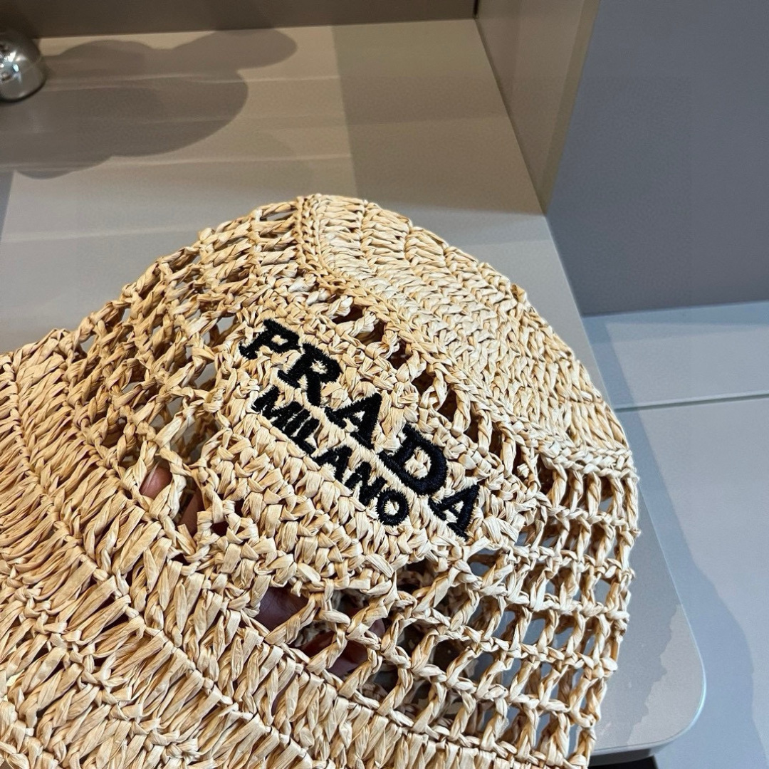 PPRADA普拉达草帽，渔夫帽，手工编织，2022官方新款，刺绣logo 黑 白两色