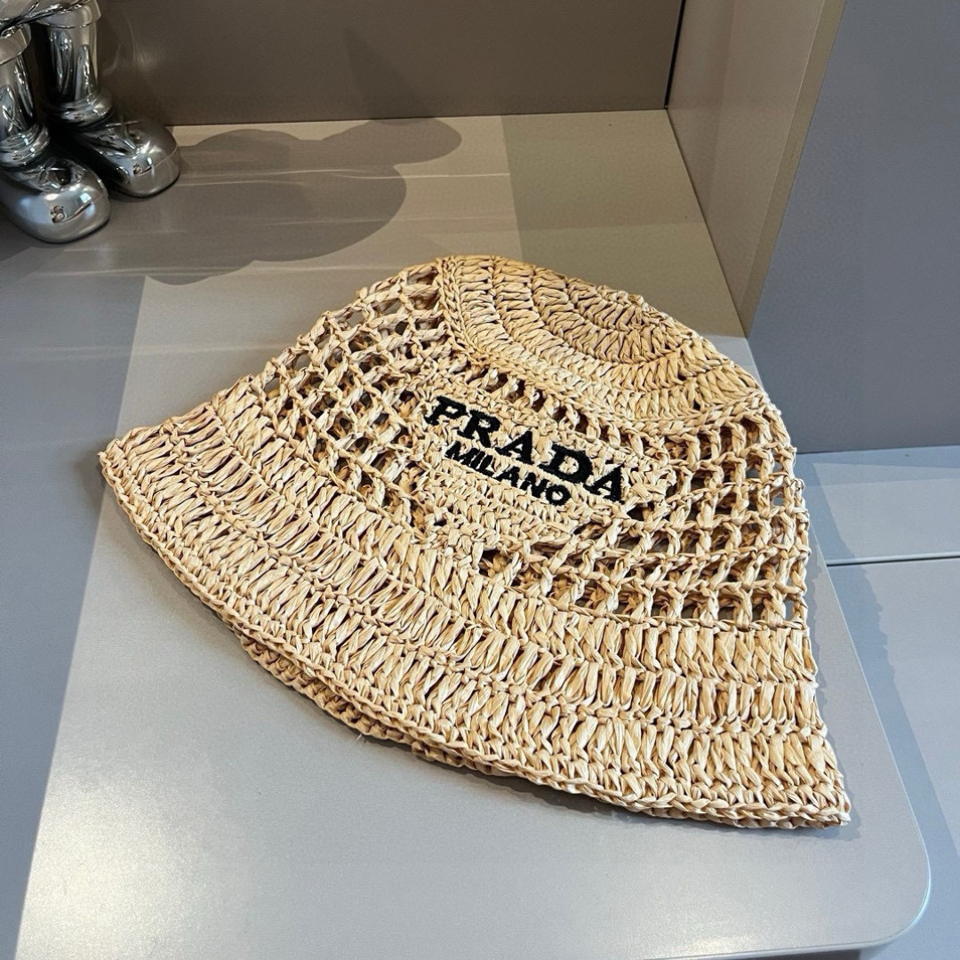 PPRADA普拉达草帽，渔夫帽，手工编织，2022官方新款，刺绣logo 黑 白两色