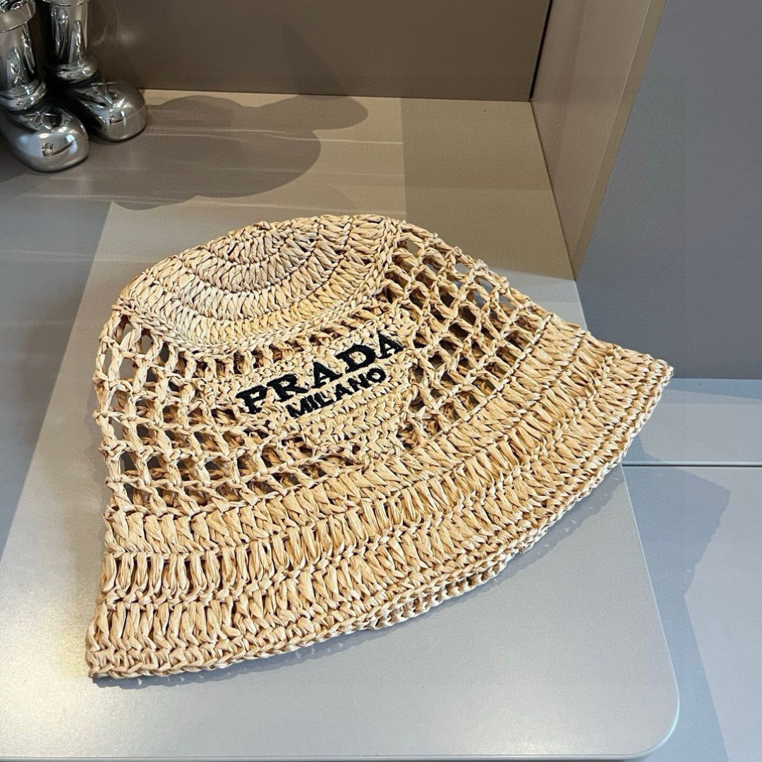 PPRADA普拉达草帽，渔夫帽，手工编织，2022官方新款，刺绣logo 黑 白两色