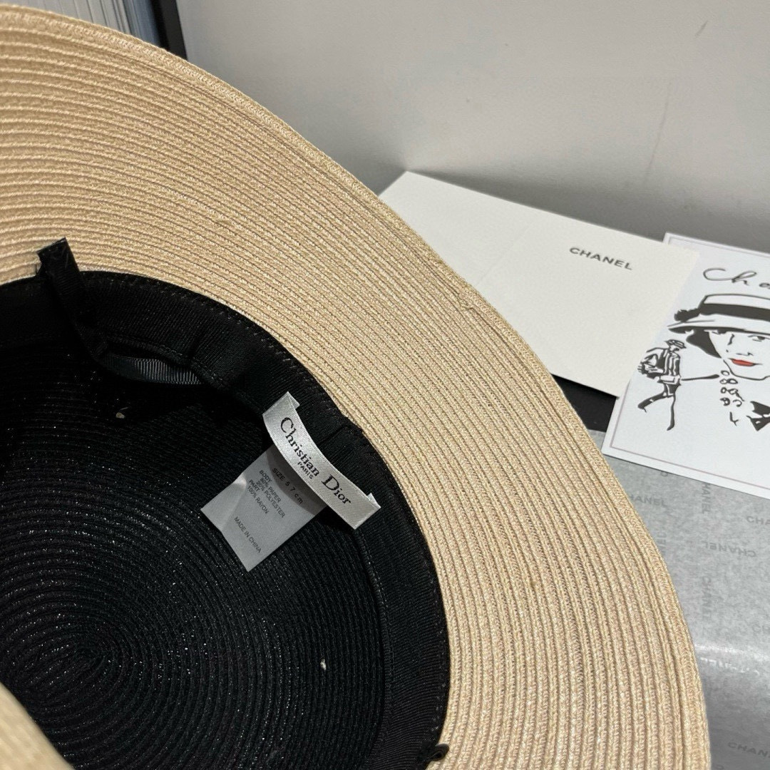 PDior迪奥新款礼帽，高级PP草，拼色盆帽，名媛风，头围57cm