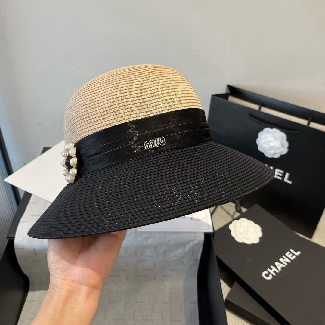 Pmuumiu缪缪新款盆帽，拼色礼帽，台湾PP草面料，头围57cm