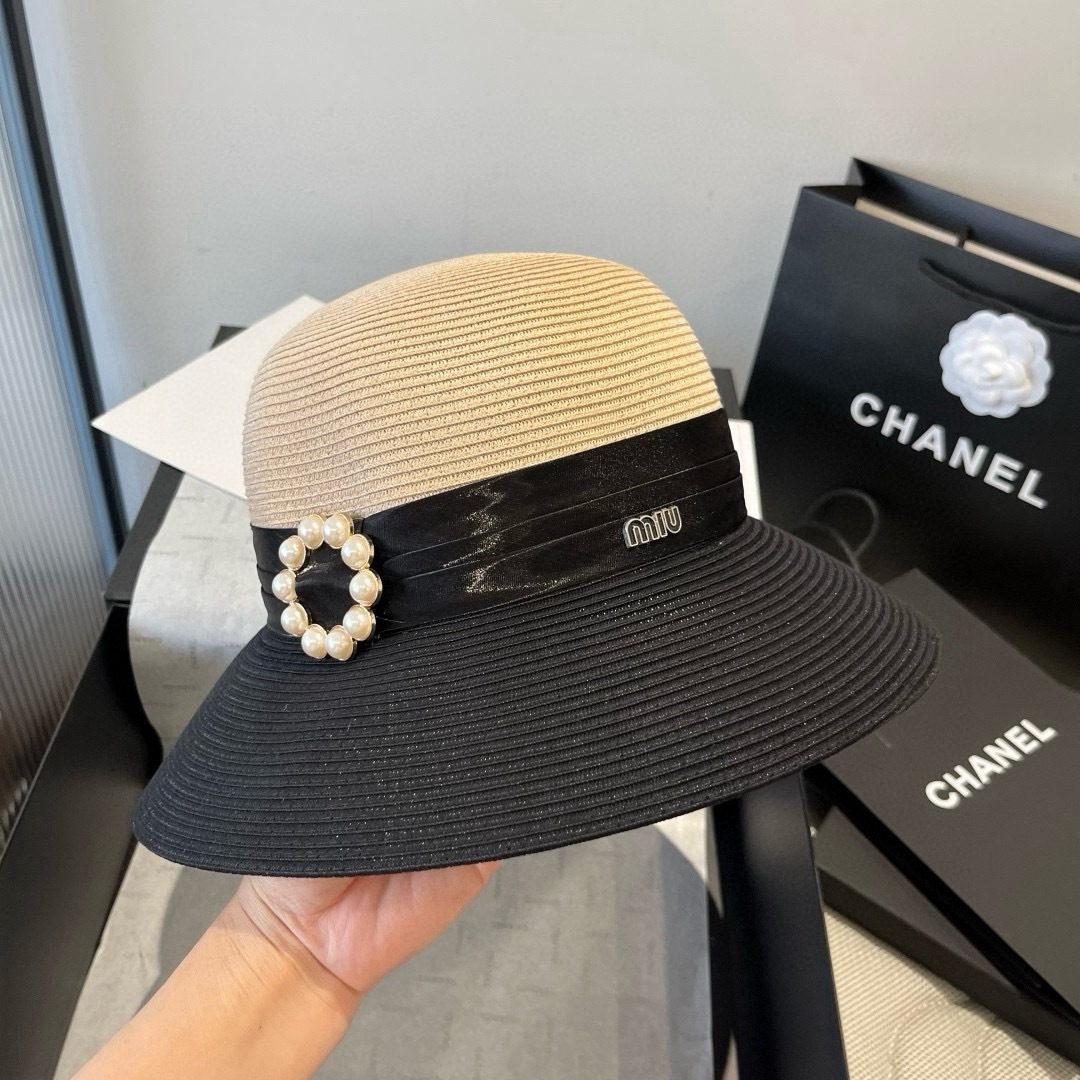 Pmuumiu缪缪新款盆帽，拼色礼帽，台湾PP草面料，头围57cm