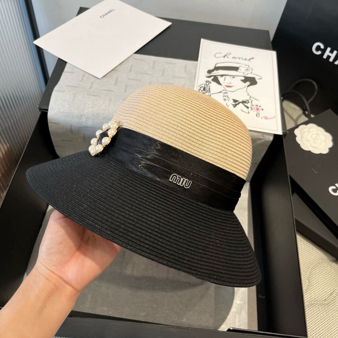 Pmuumiu缪缪新款盆帽，拼色礼帽，台湾PP草面料，头围57cm