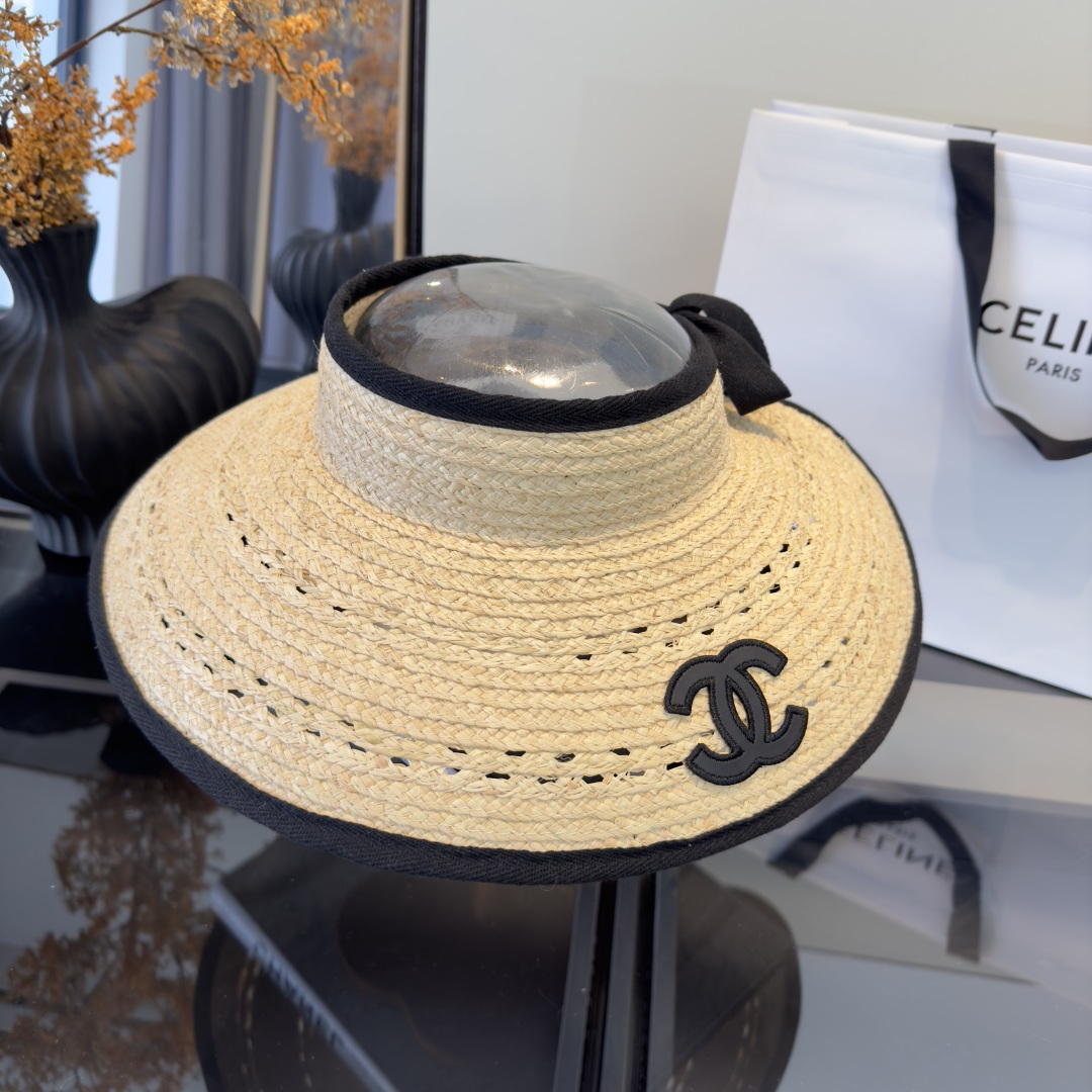 PChanel香奈儿额空顶遮阳帽，拉菲草帽，头围57cm