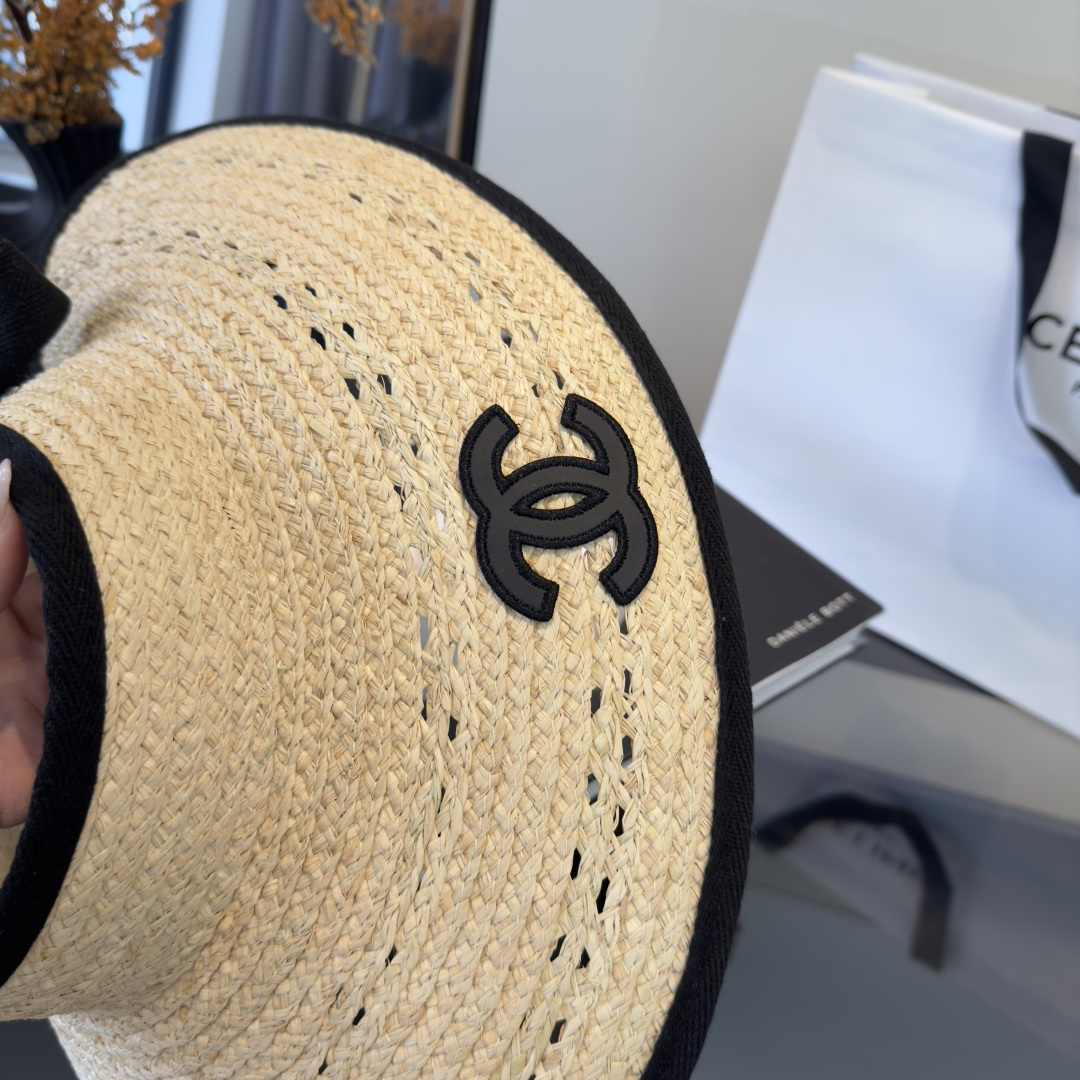 PChanel香奈儿额空顶遮阳帽，拉菲草帽，头围57cm