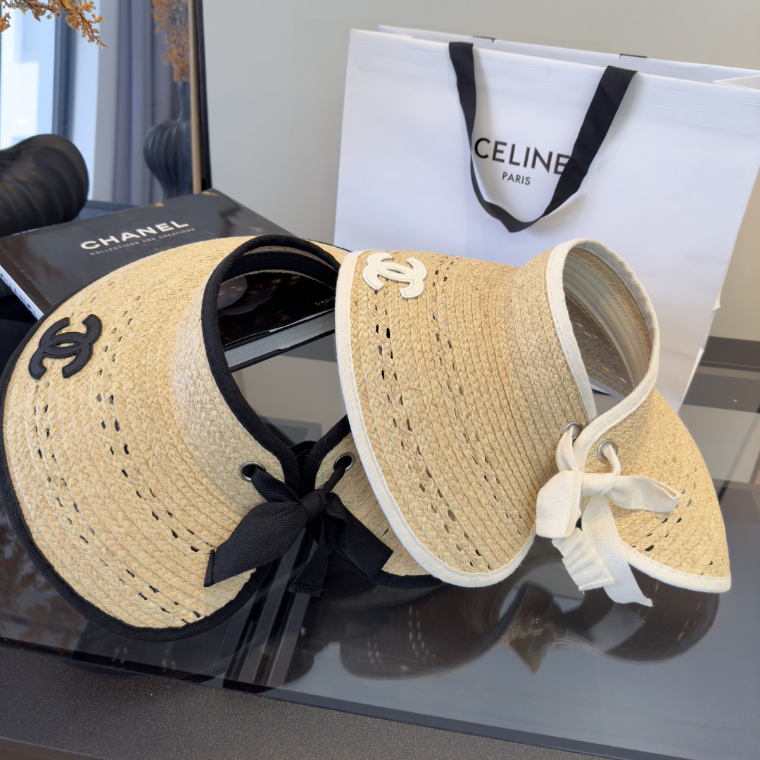 PChanel香奈儿额空顶遮阳帽，拉菲草帽，头围57cm