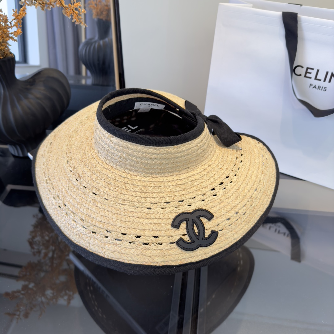 PChanel香奈儿额空顶遮阳帽，拉菲草帽，头围57cm