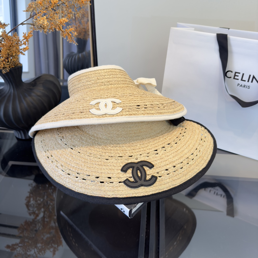 PChanel香奈儿额空顶遮阳帽，拉菲草帽，头围57cm