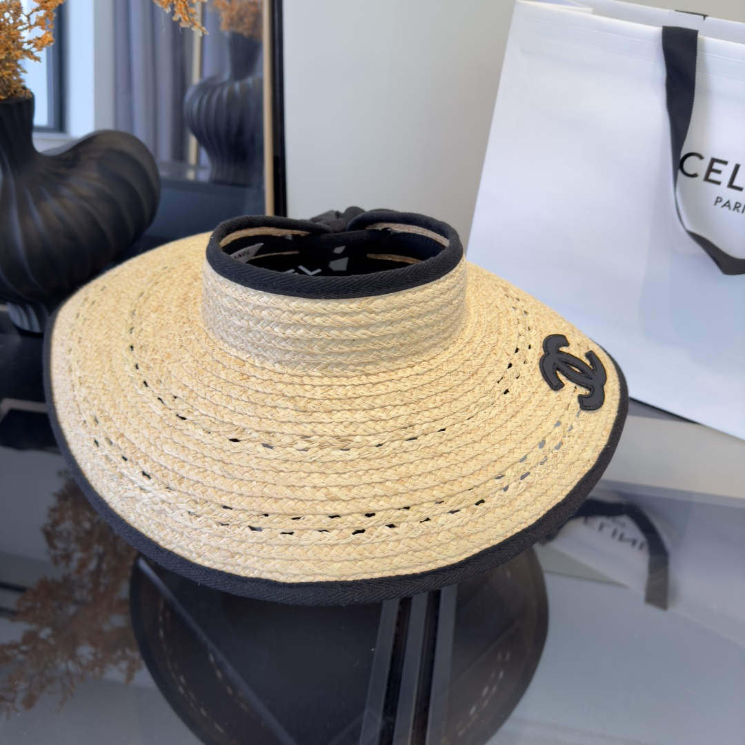 PChanel香奈儿额空顶遮阳帽，拉菲草帽，头围57cm