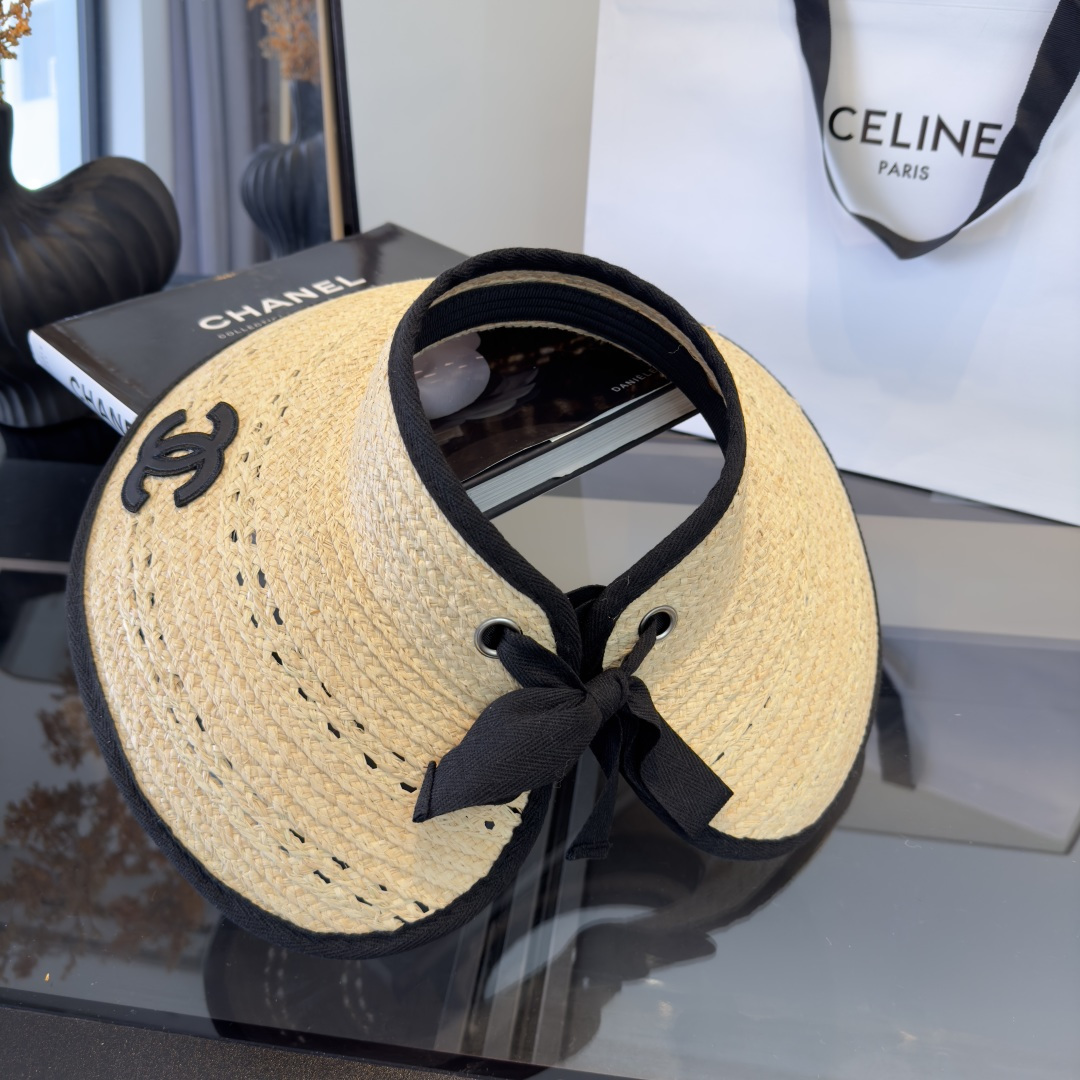 PChanel香奈儿额空顶遮阳帽，拉菲草帽，头围57cm