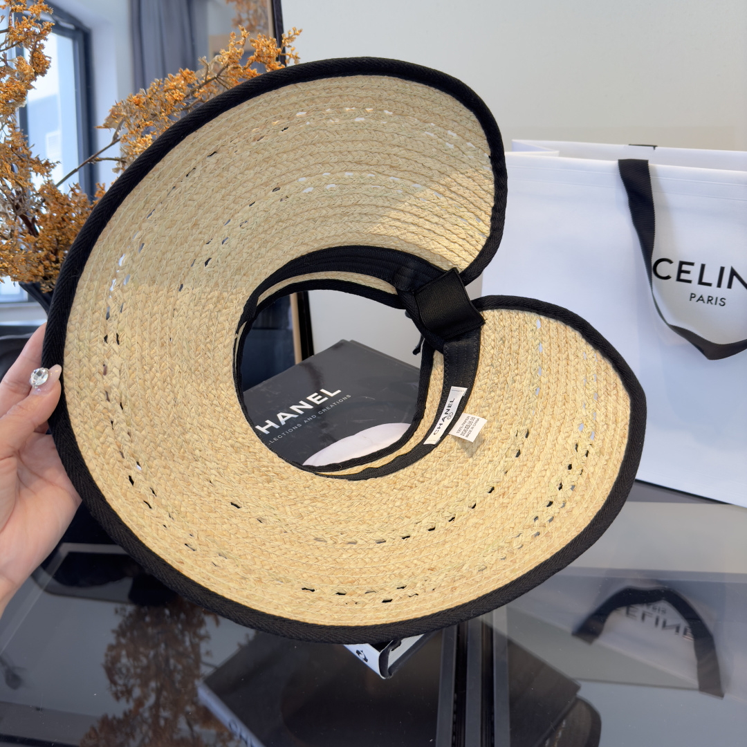 PChanel香奈儿额空顶遮阳帽，拉菲草帽，头围57cm
