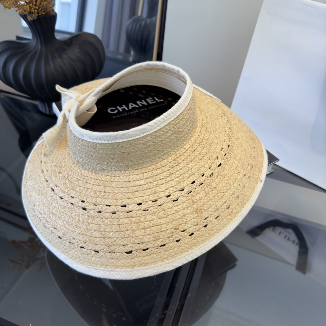 PChanel香奈儿额空顶遮阳帽，拉菲草帽，头围57cm